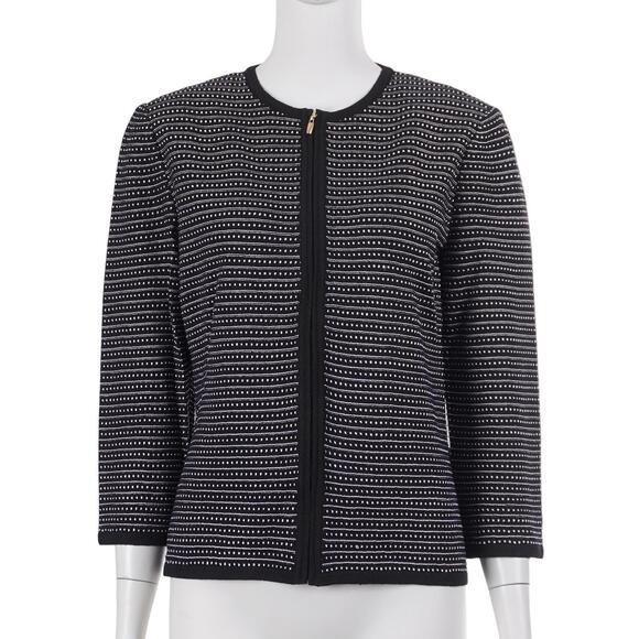 ST. JOHN Sweater Size S Black White Knit Wool Blend 3/4 Sleeve Full Zip Jacket